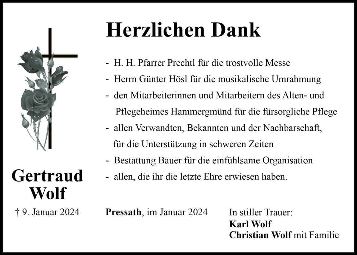 Danksagung Gertraud Wolf, Pressath