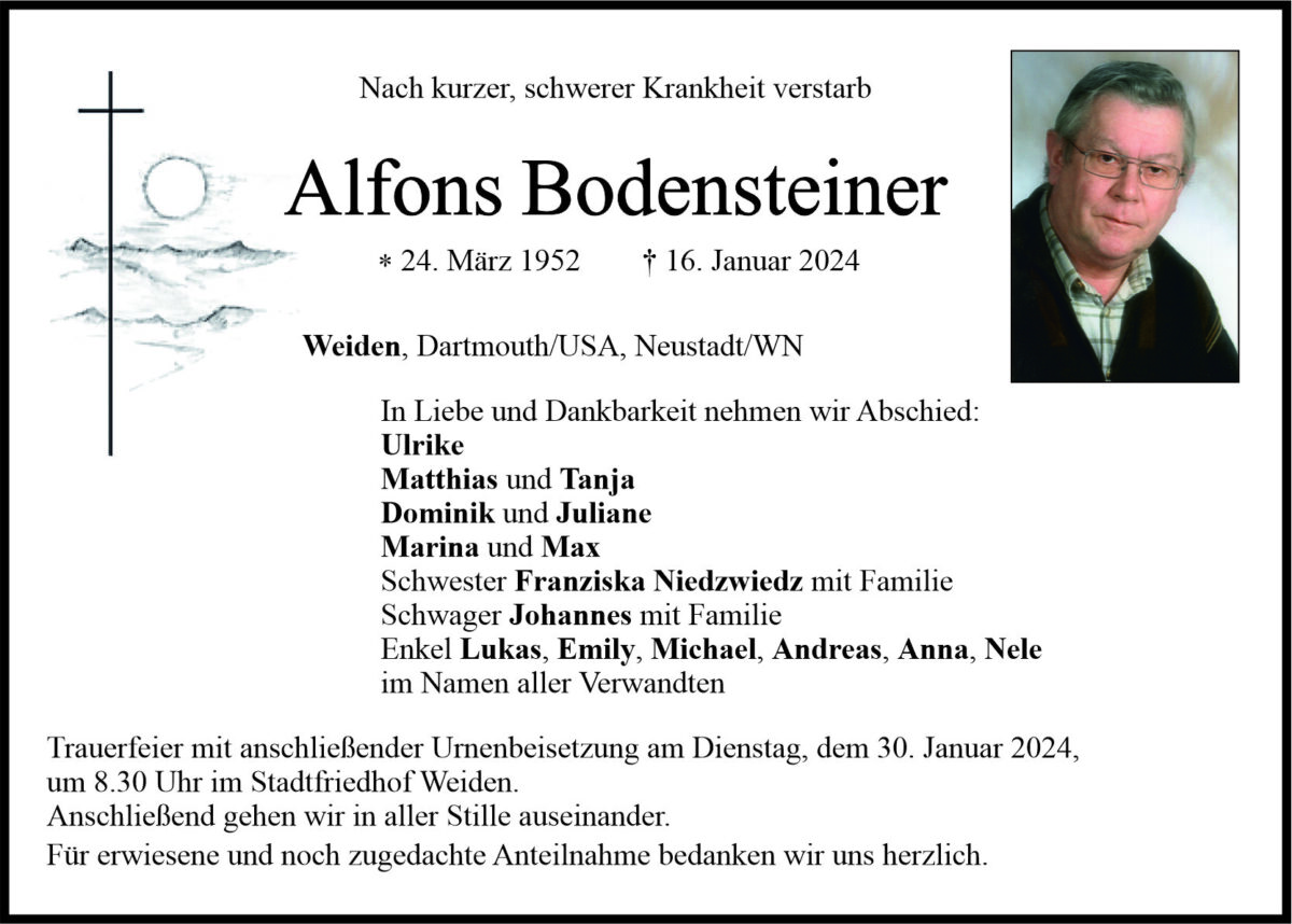 Traueranzeige Alfons Bodensteiner, Weiden