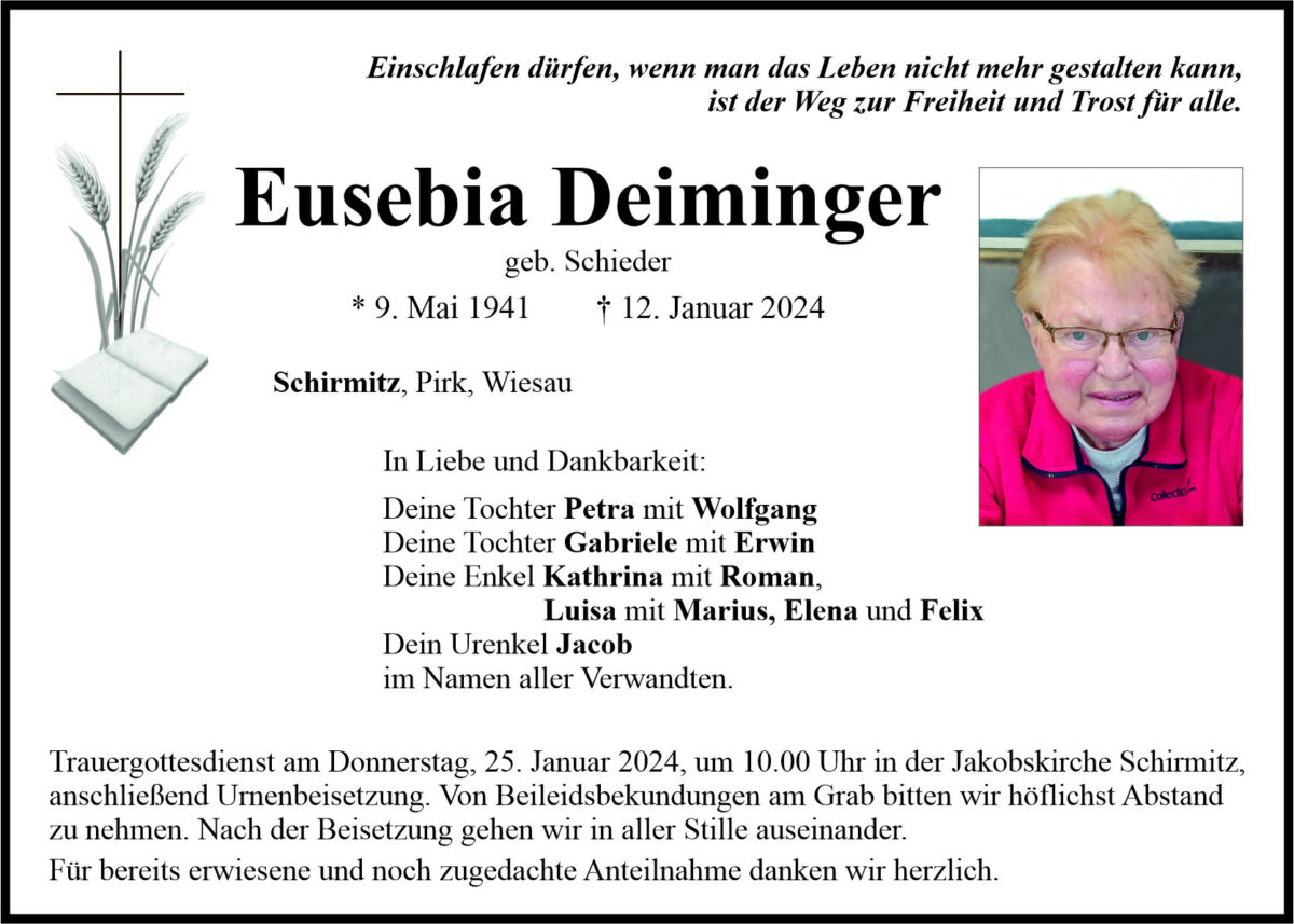 Traueranzeige Eusebia Deiminger, Schirmitz
