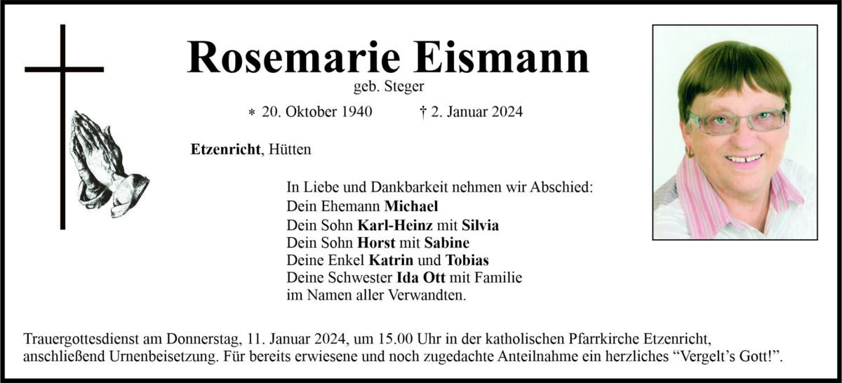 Traueranzeige Rosemarie Eismann, Etzenricht