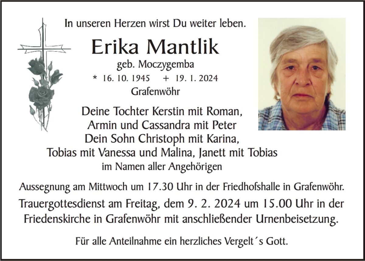 Traueranzeige Erika Mantlik, Grafenwöhr
