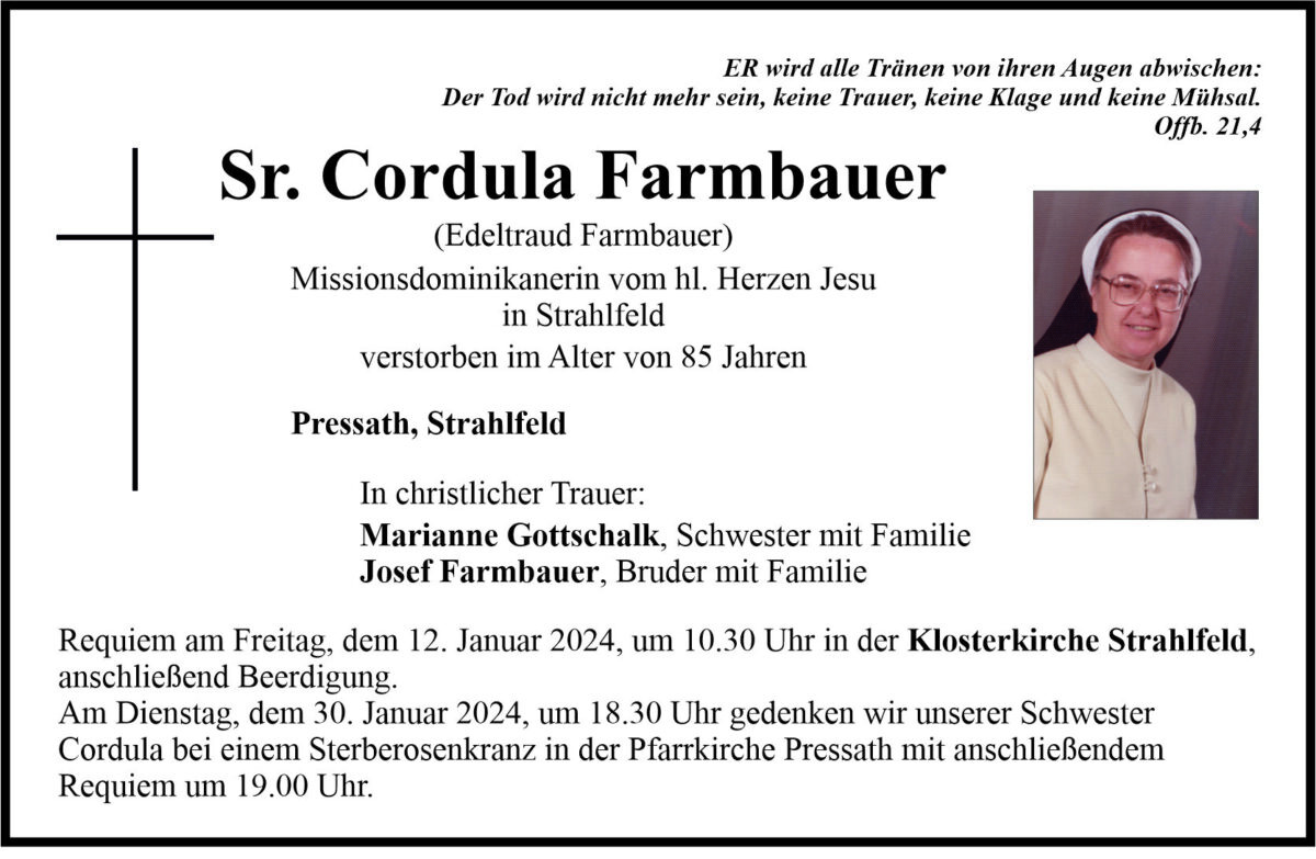 Traueranzeige Sr. Cordula Farmbauer, Pressath