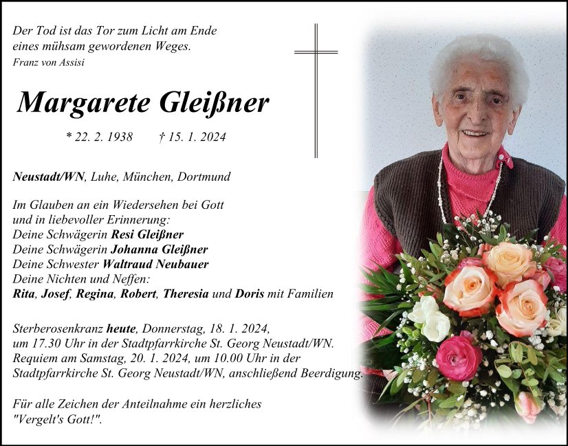 Traueranzeige Margarete Gleißner, Neustadt/WN
