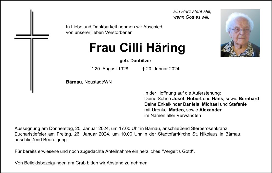 Traueranzeige Cilli Häring, Bärnau