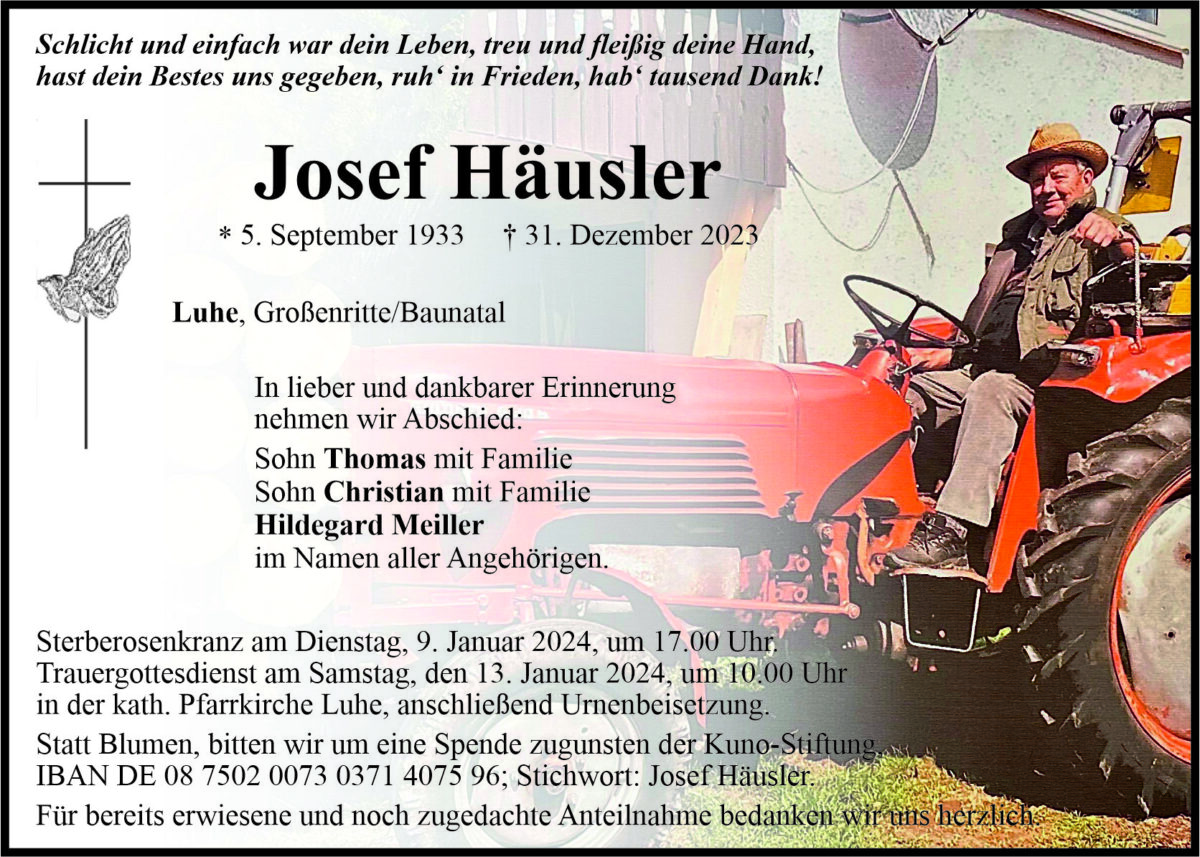 Traueranzeige Josef Häusler, Luhe