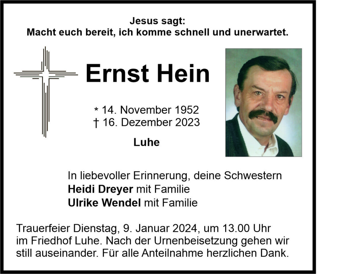 Traueranzeige Ernst Hein, Luhe
