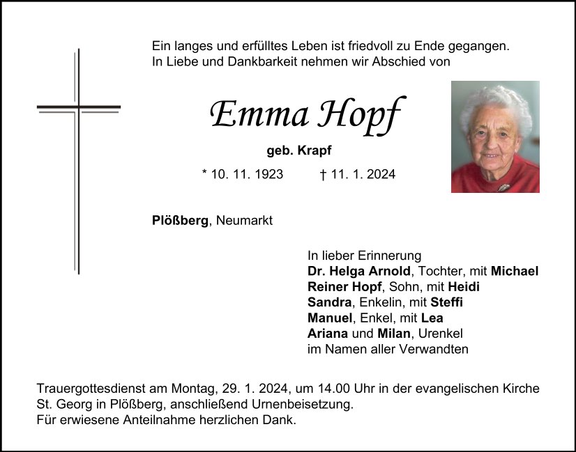 Traueranzeige Emma Hopf, Plößberg