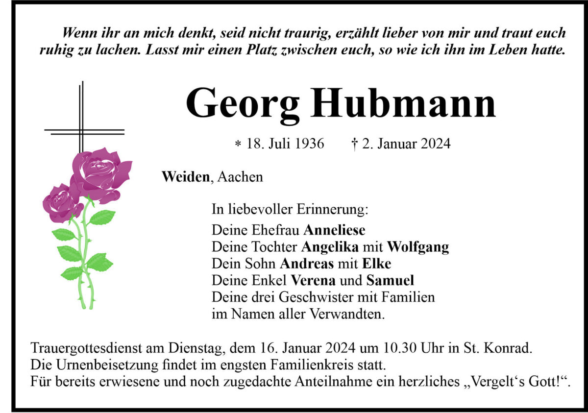 Traueranzeige Georg Hubmann, Weiden