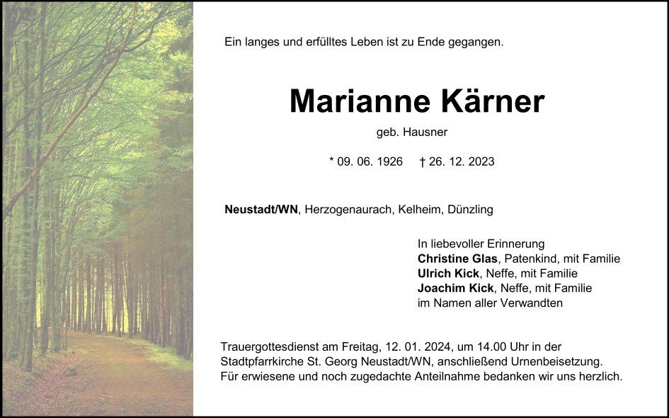 Traueranzeige Marianne Kärner, Neustadt/WN