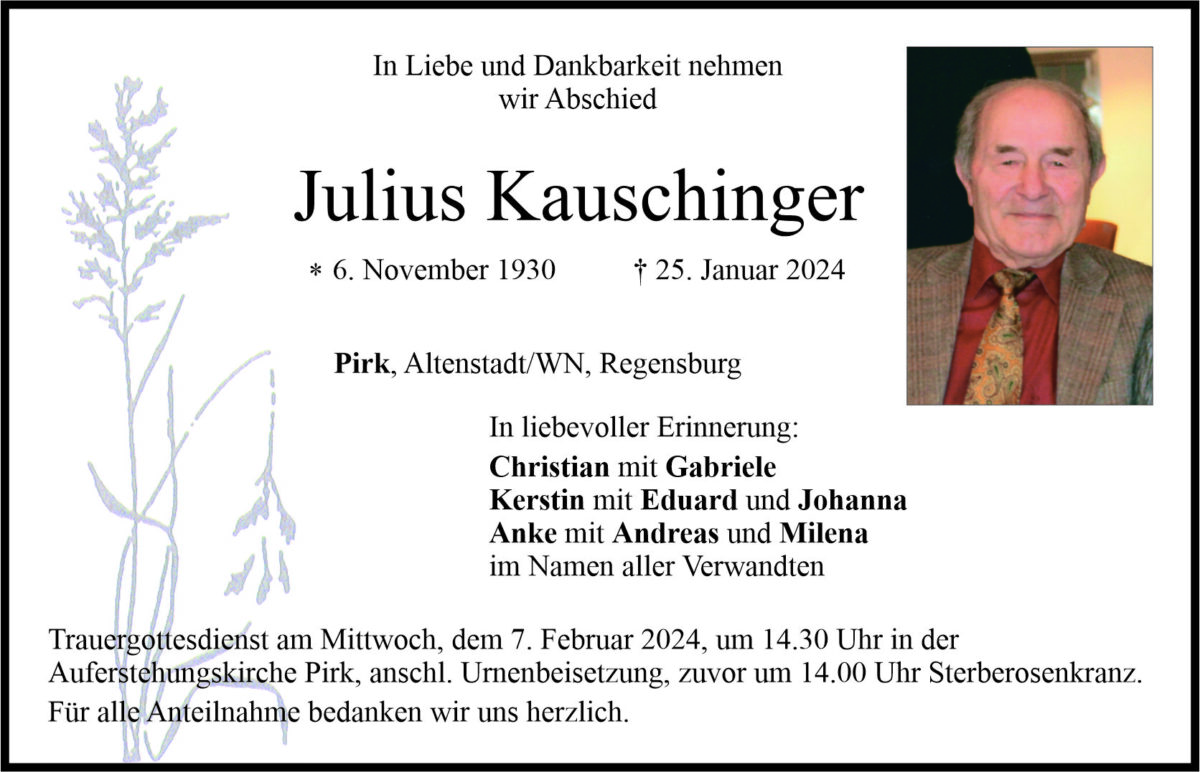 Traueranzeige Julius Kauschinger, Pirk