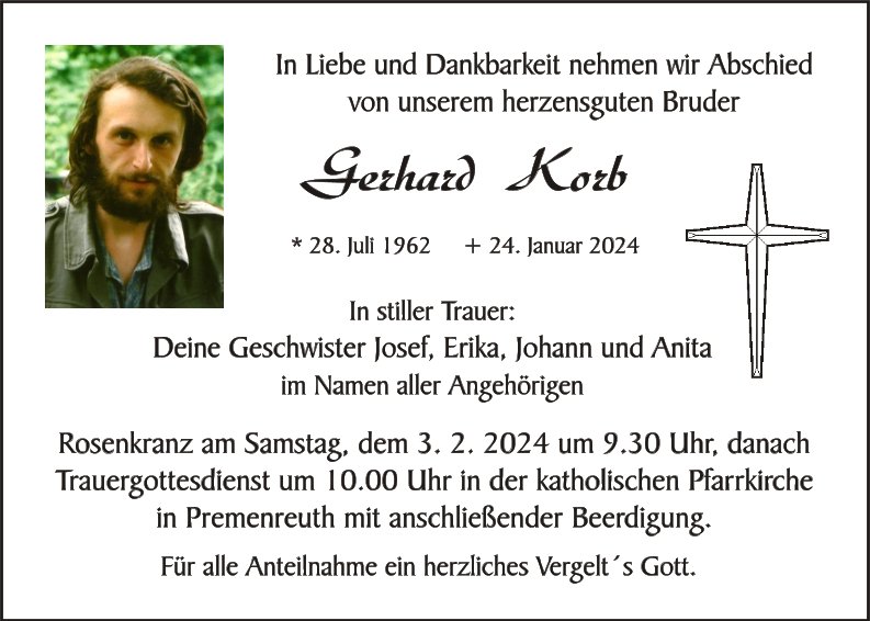 Traueranzeige Gerhard Korb