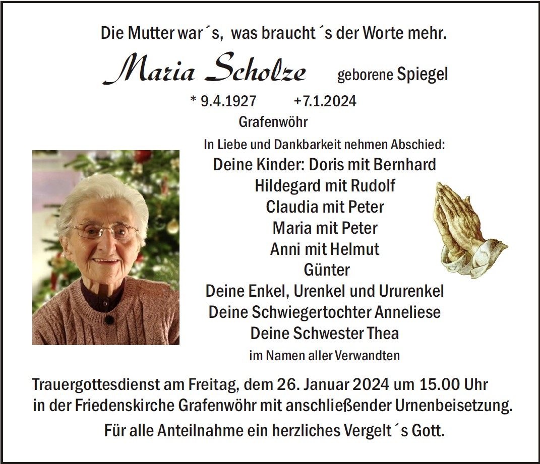 Traueranzeige Maria Scholze, Grafenwöhr