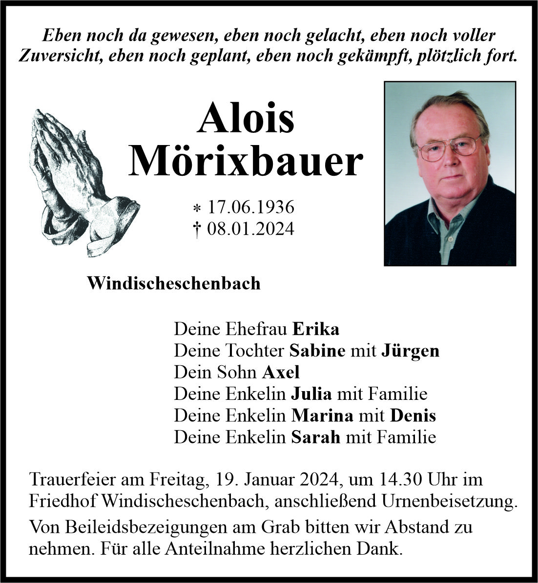 Traueranzeige Alois Mörixbauer, Windischeschenbach