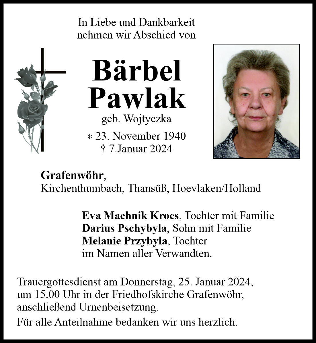 Traueranzeige Bärbel Pawlak, Grafenwöhr