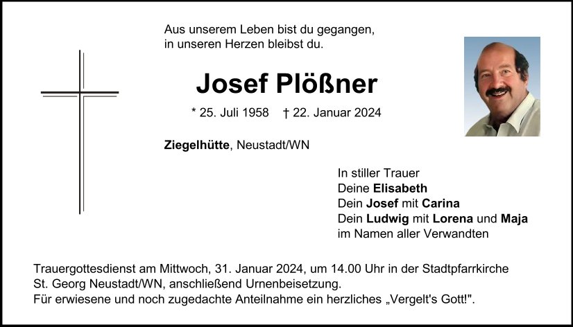 Traueranzeige Josef Plößner, Ziegelhütte