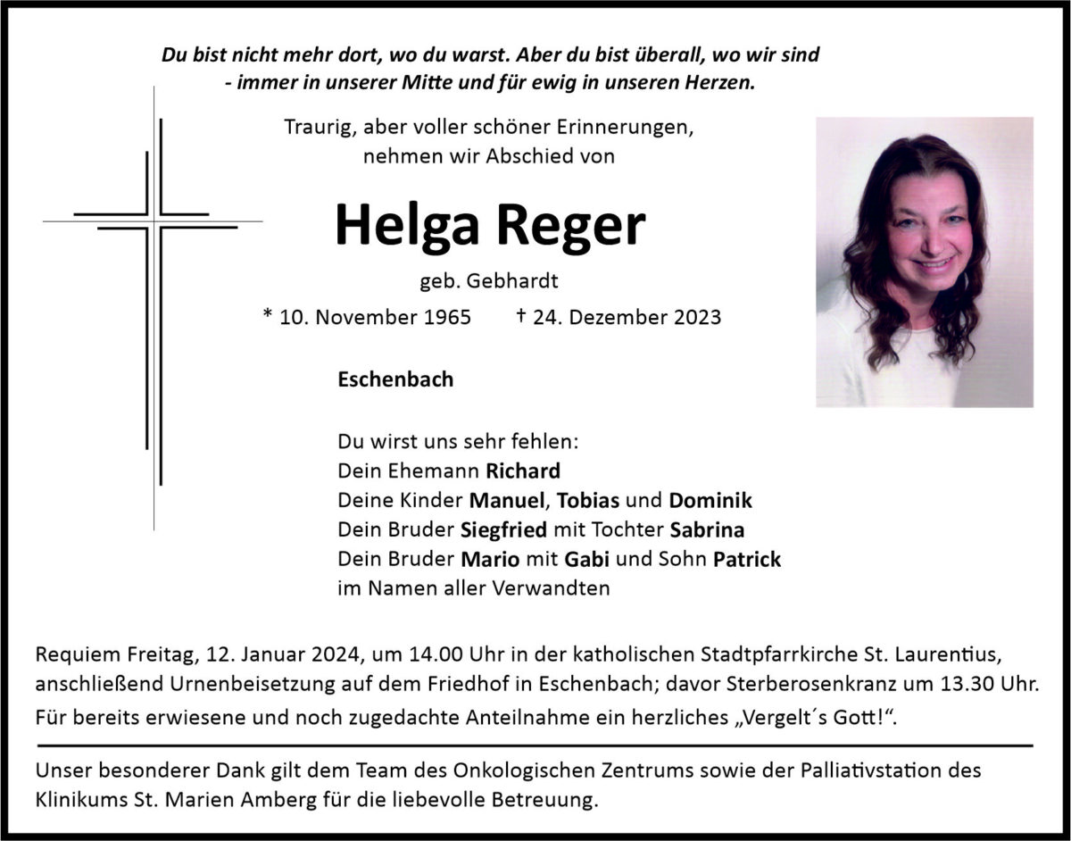 Traueranzeige Helga Reger, Eschenbach