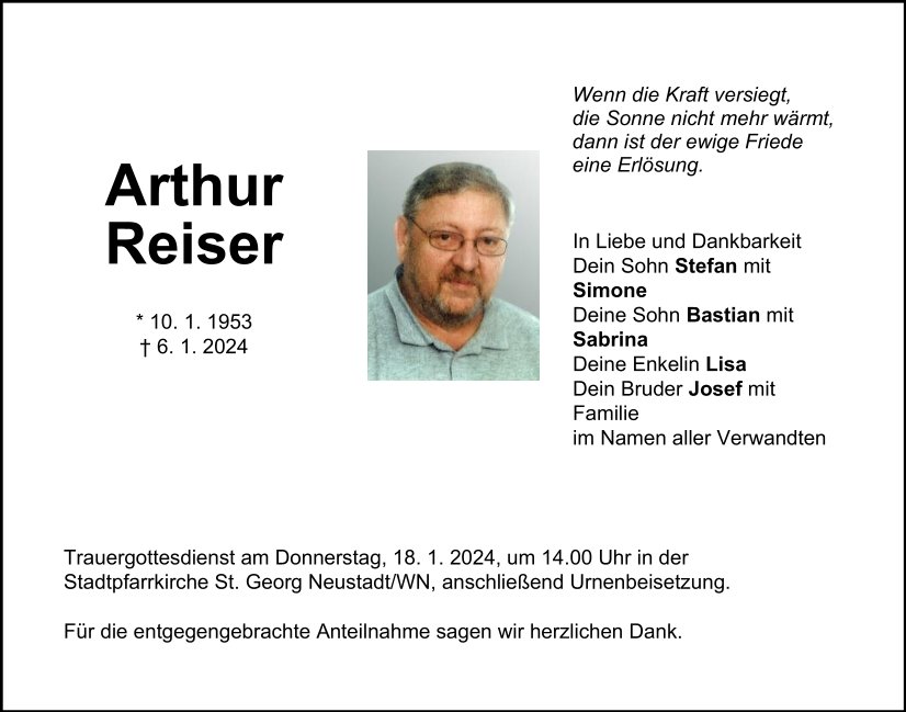 Traueranzeige Arthur Reiser, Neustadt/WN