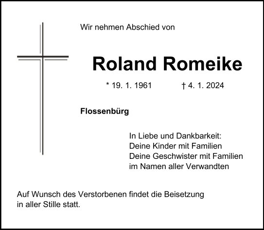 Traueranzeige Roland Romeike, Flossenbürg