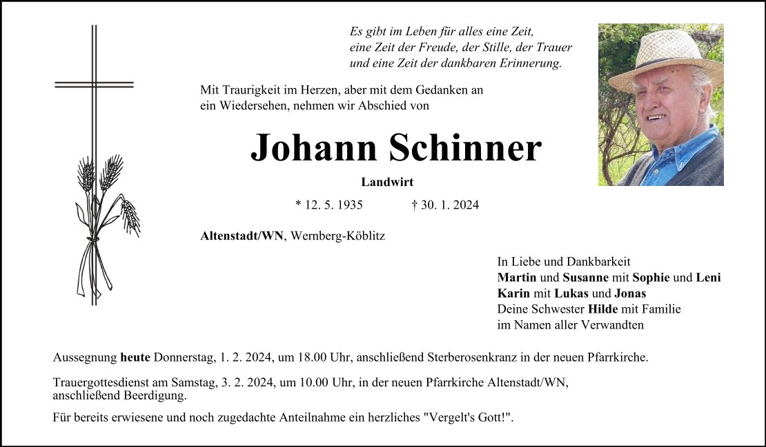 Traueranzeige Johann Schinner, Altenstadt/WN