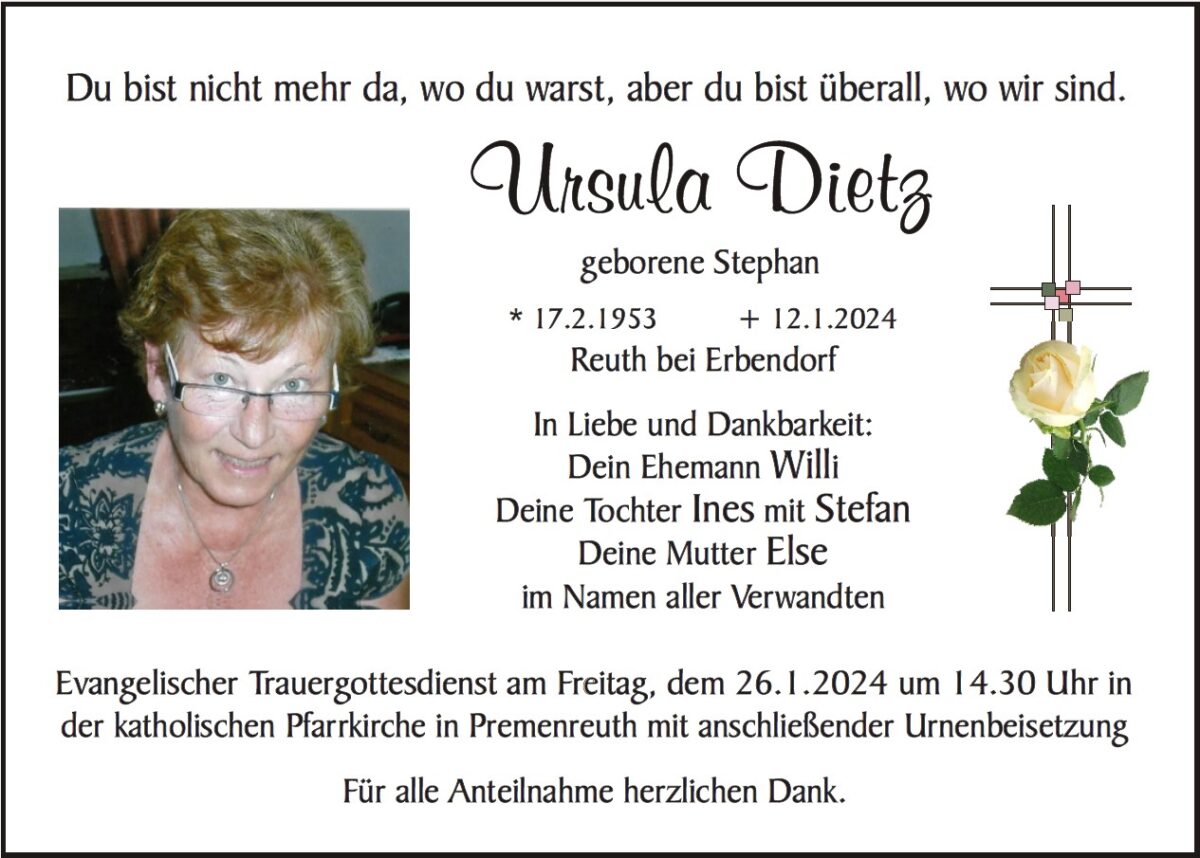 Traueranzeige Ursula Dietz, Reuth bei Erbendorf