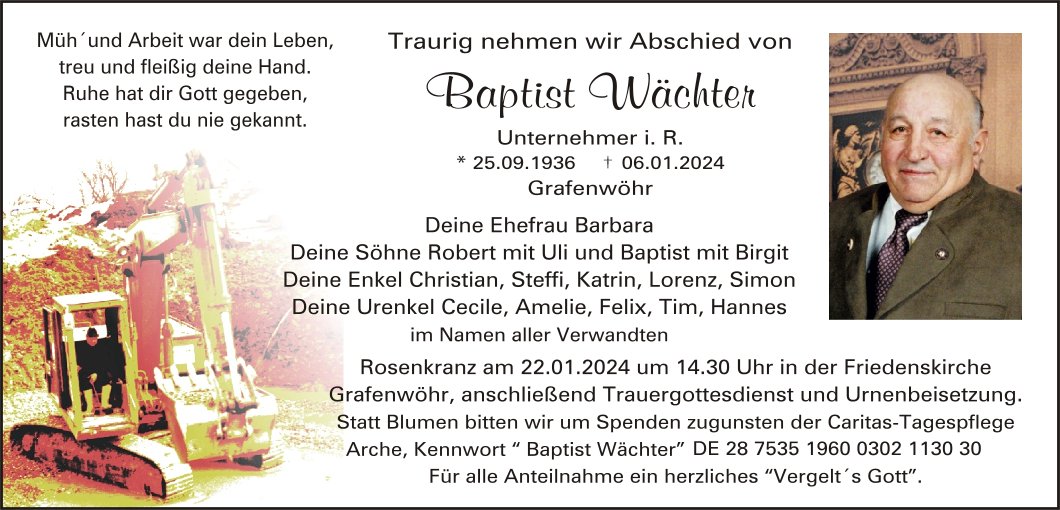 Traueranzeige Baptist Wächter, Grafenwöhr