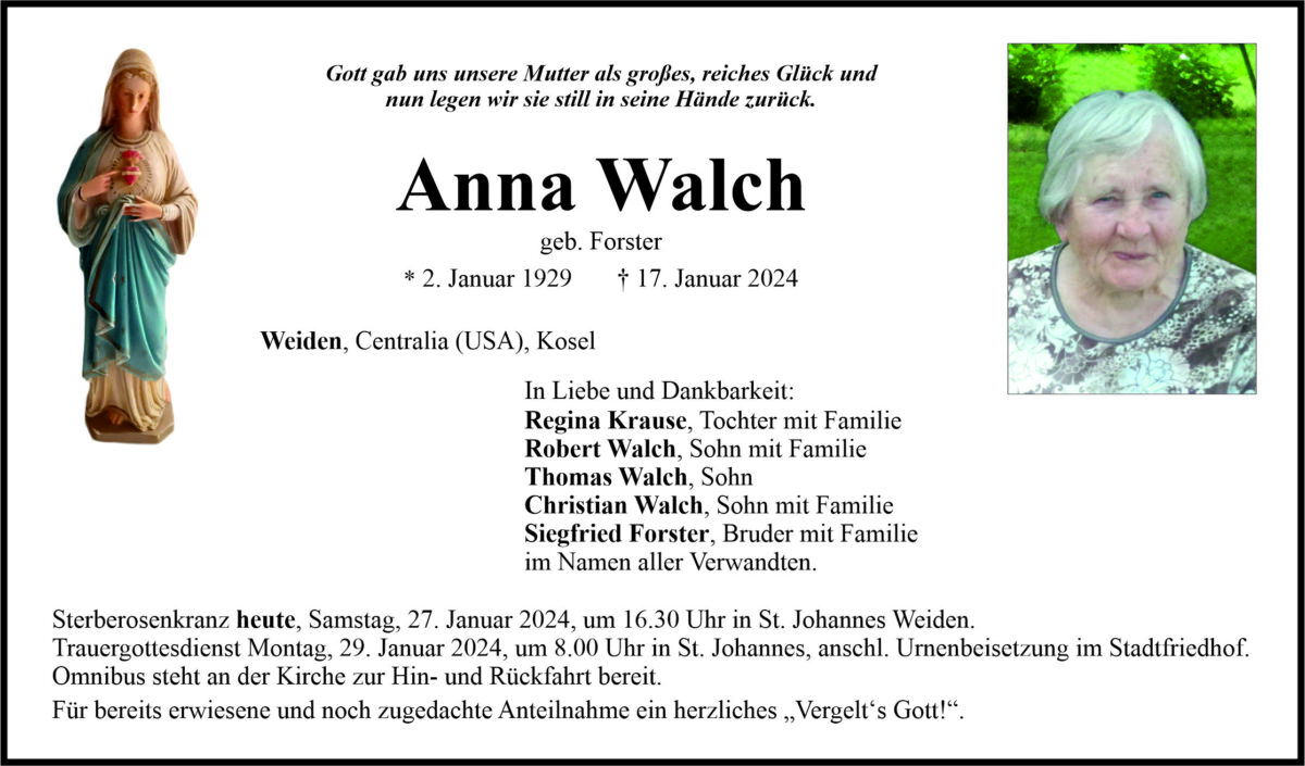 Traueranzeige Anna Walch, Weiden