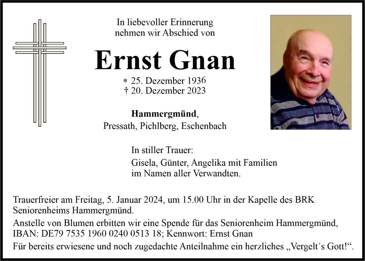 Traueranzeige Ernst Gnan, Hammergmünd