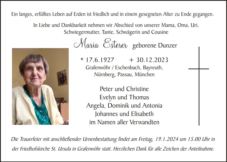 Traueranzeige Maria Esterer, Grafenwöhr