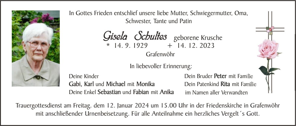 Traueranzeige Gisela Schultes, Grafenwöhr