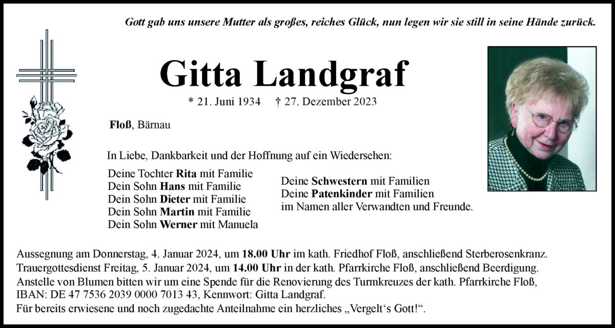 Traueranzeige Gitta Landgraf, Floß