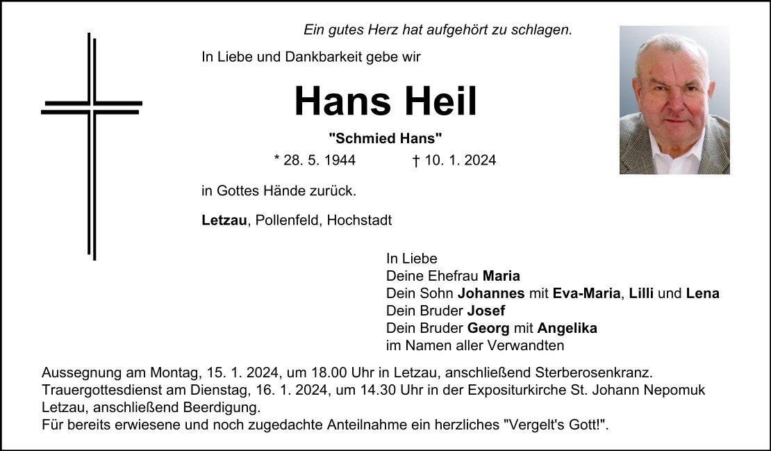 Traueranzeige Hans Heil, Letzau