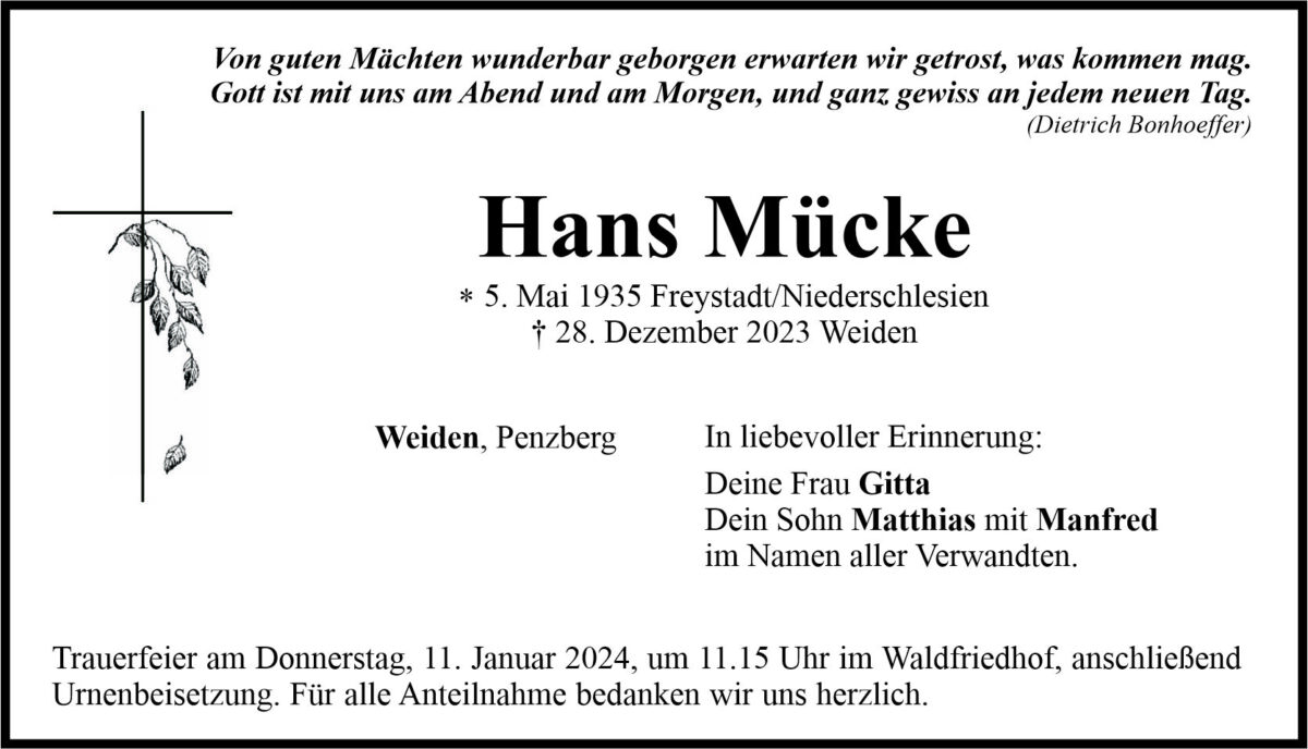 Traueranzeige Hans Mücke, Weiden