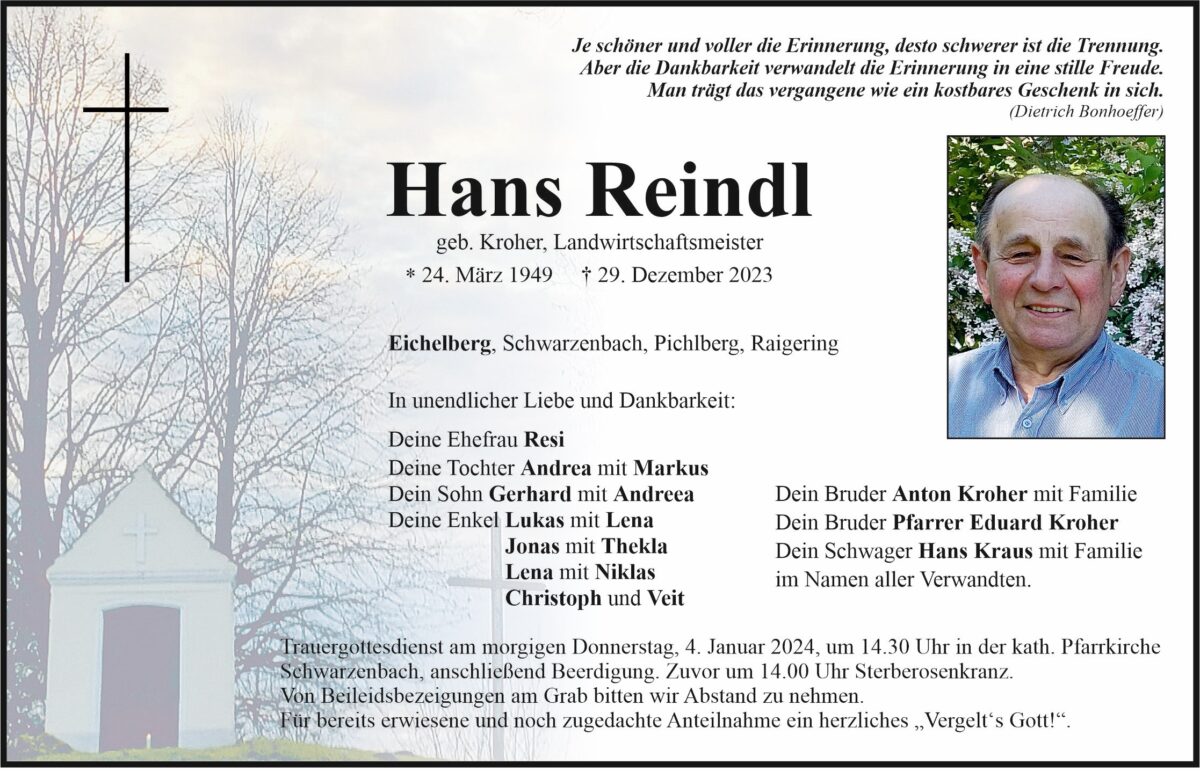 Traueranzeige Hans Reindl, Eichelberg