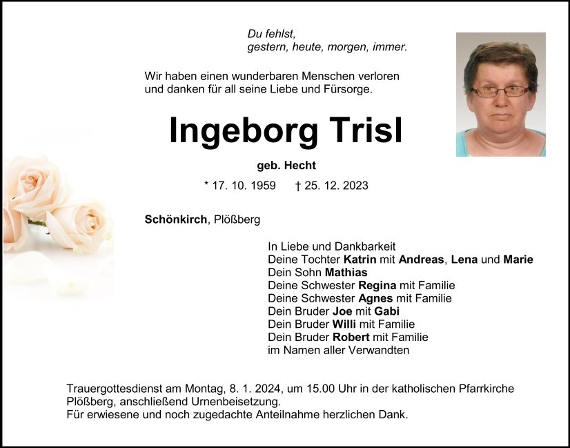Traueranzeige Ingeborg Trisl, Schönkirch