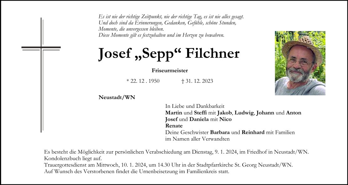 Traueranzeige Josef Filchner, Neustadt/WN