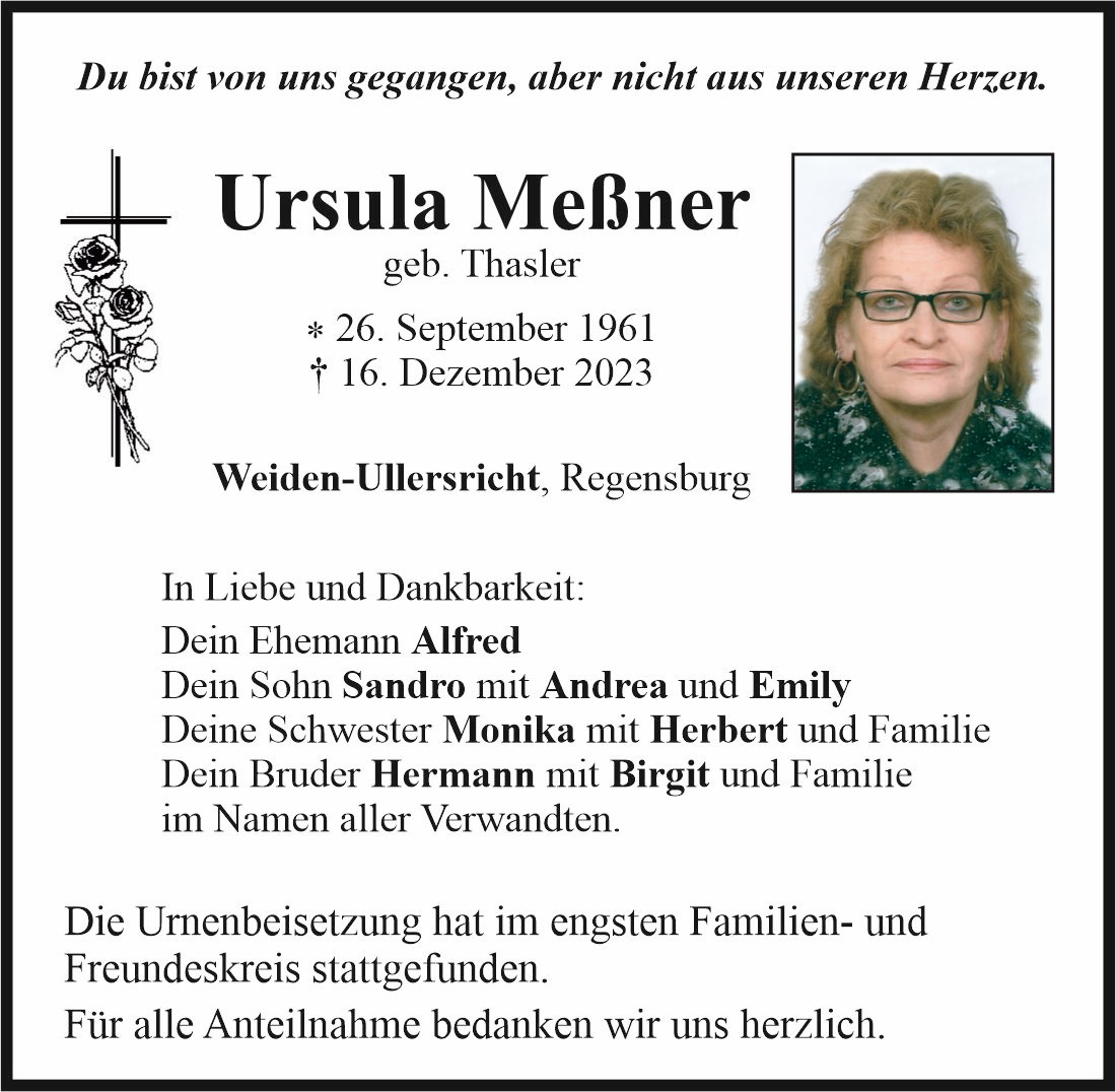 Traueranzeige Ursula Meßner, Weiden-Ullersricht