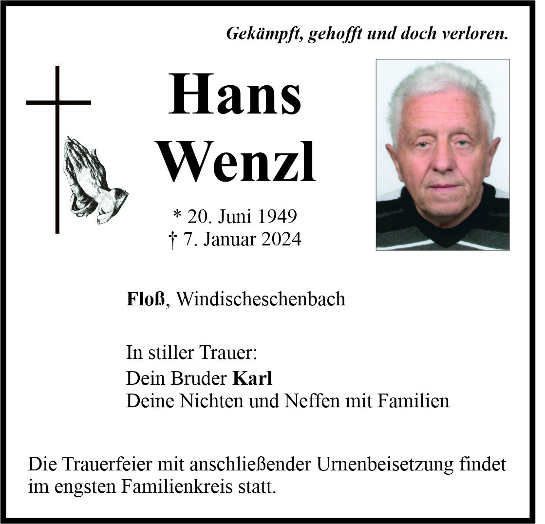 Traueranzeige Hans Wenzl, Floß