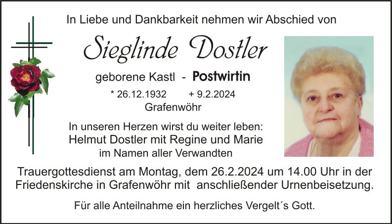 Traueranzeige Sieglinde Dostler, Grafenwöhr