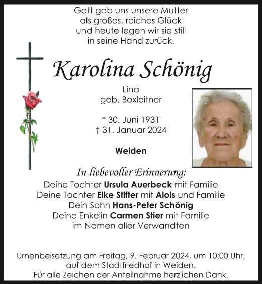 Traueranzeige Karolina Schönig, Weiden