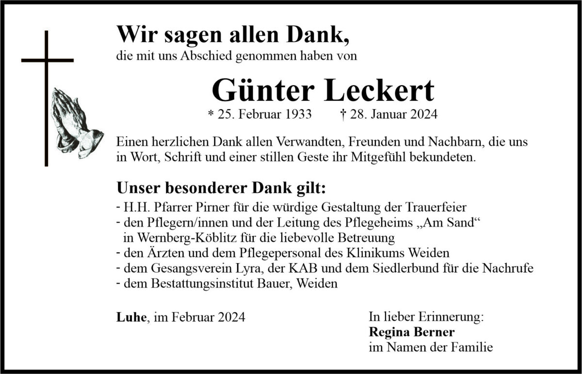 Danksagung Günter Leckert, Luhe