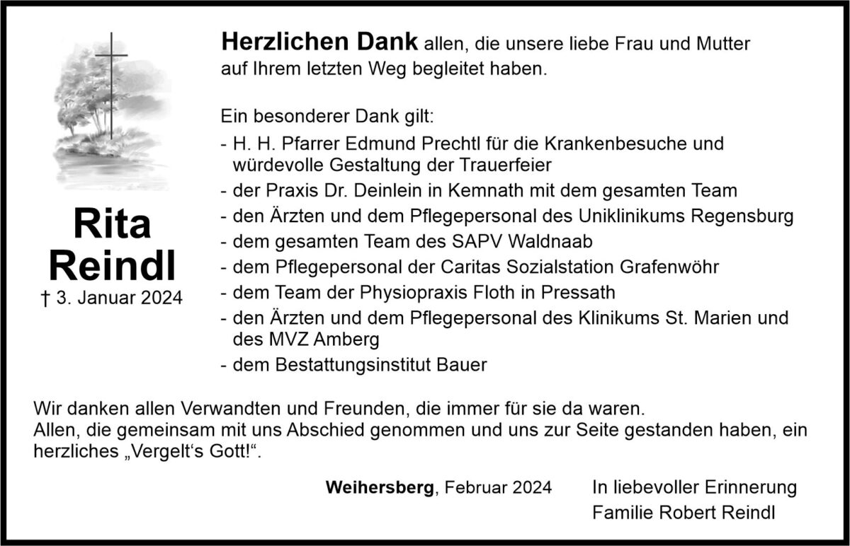 Danksagung Rita Reindl, Weihersberg