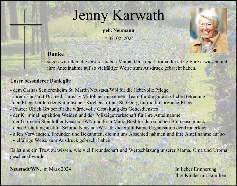 Danksagung Jenny Karwath, Neustadt/WN