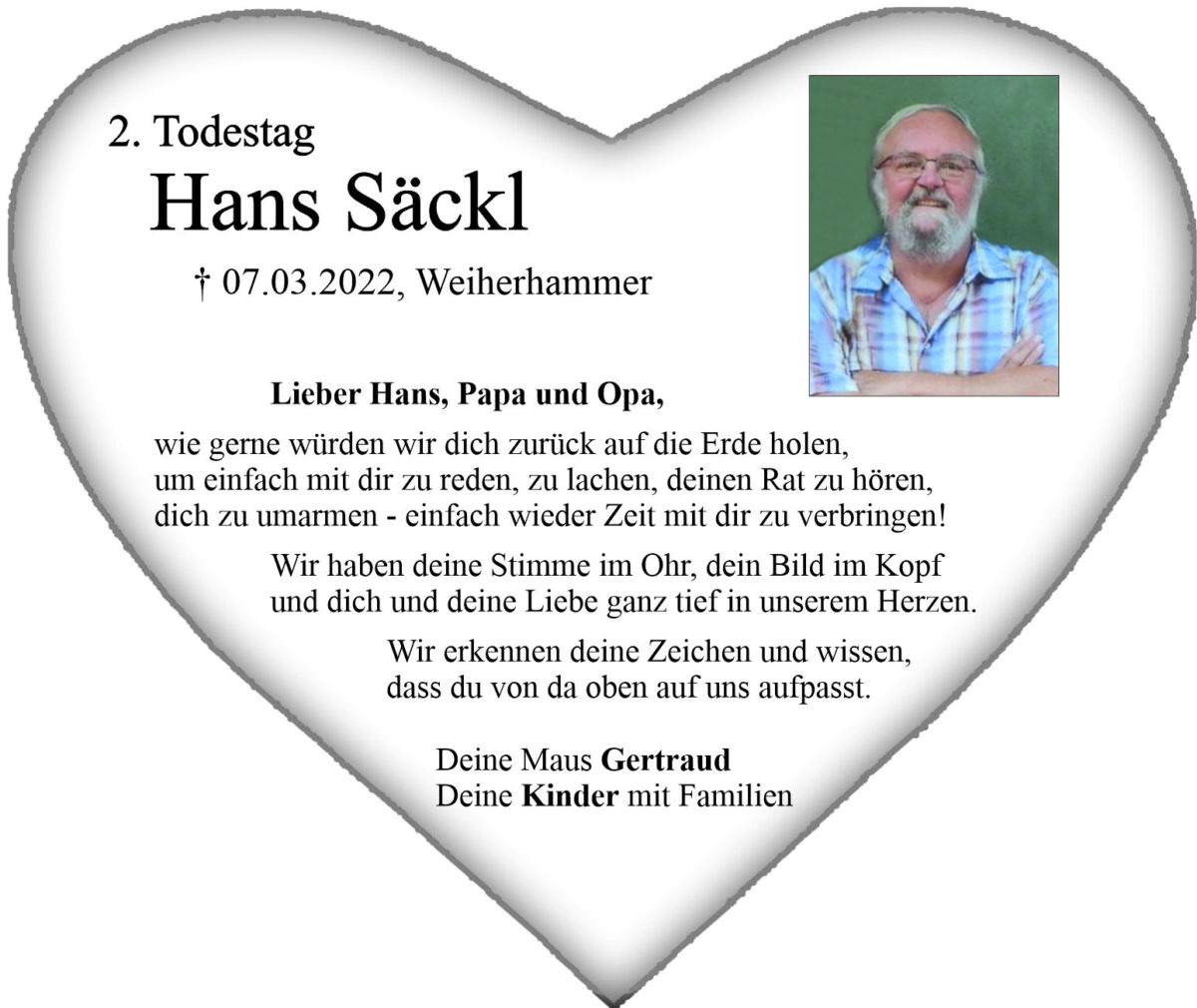 Gedenkanzeige Hans Säckl, Weiherhammer