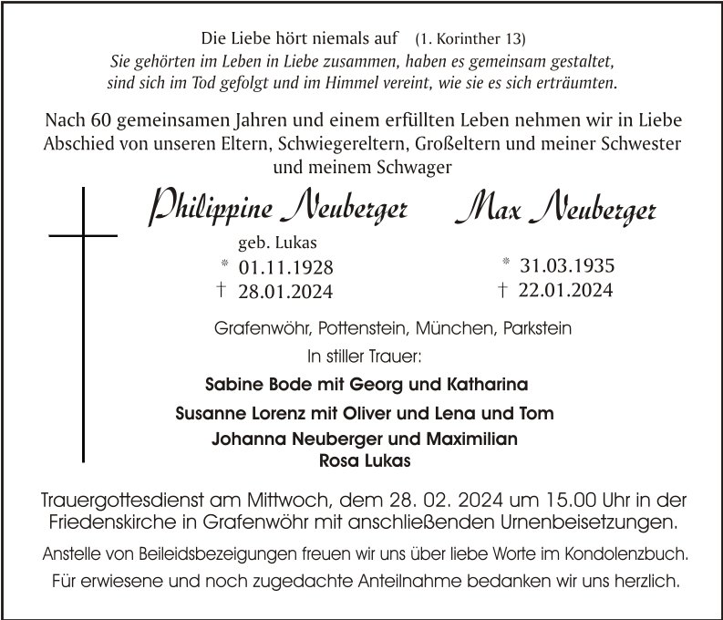 Traueranzeige Philippine und Max Neuberger, Grafenwöhr
