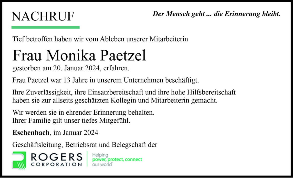 Nachruf Monika Paetzel, Eschenbach