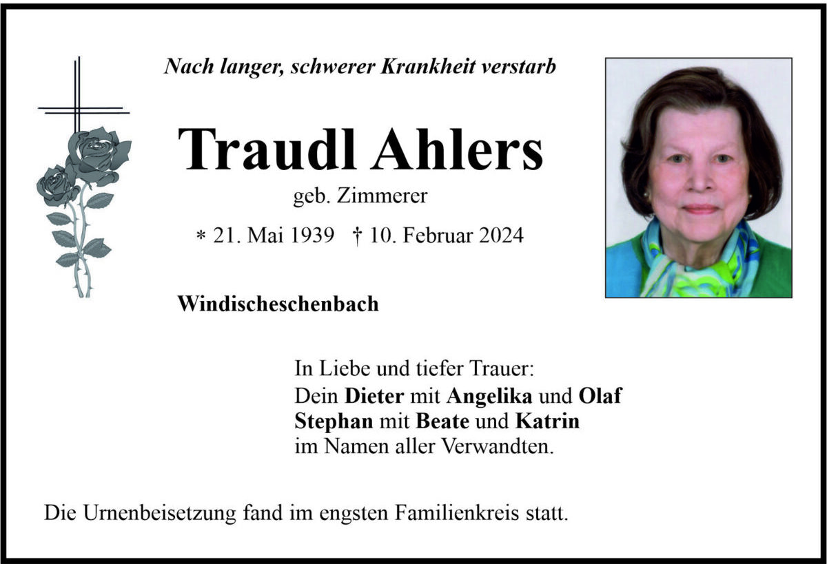 Traueranzeige Traudl Ahlers, Windischeschenbach