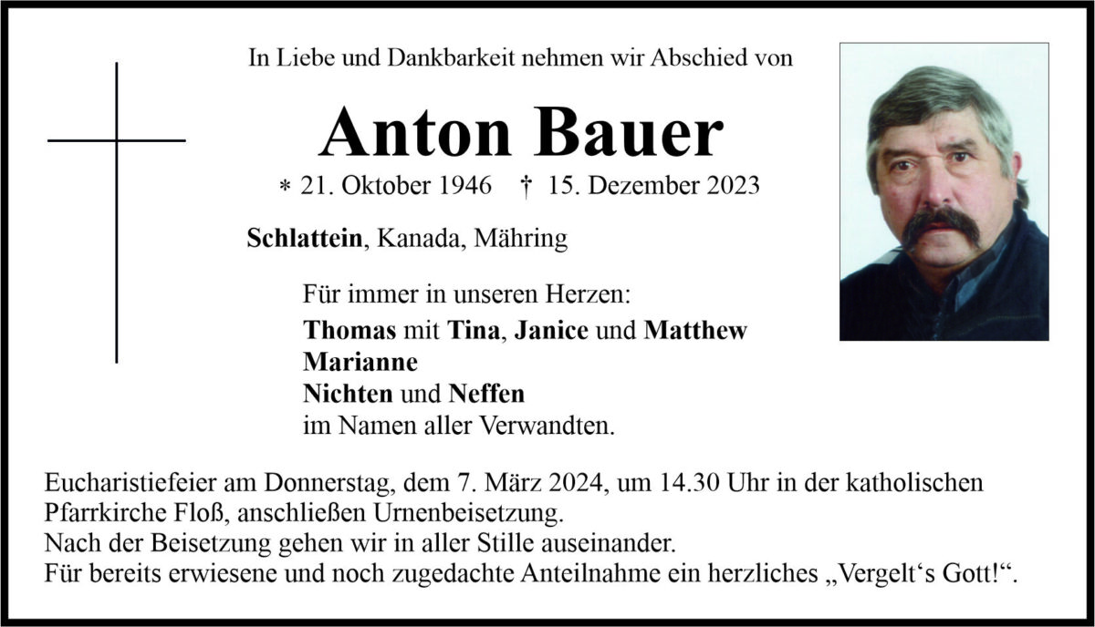 Traueranzeige Anton Bauer, Schlattein
