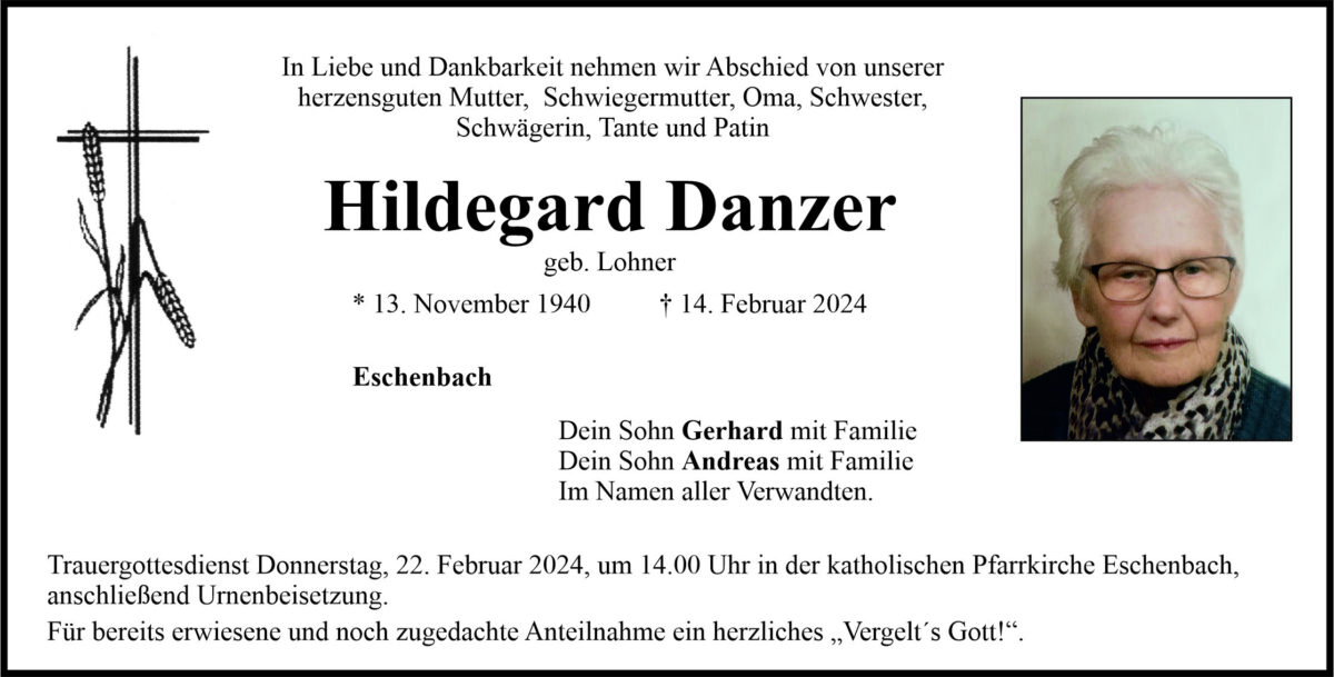 Traueranzeige Hildegard Danzer, Eschenbach