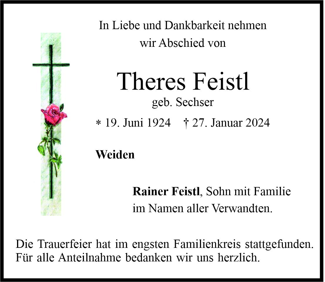 Traueranzeige Theres Feistl, Weiden