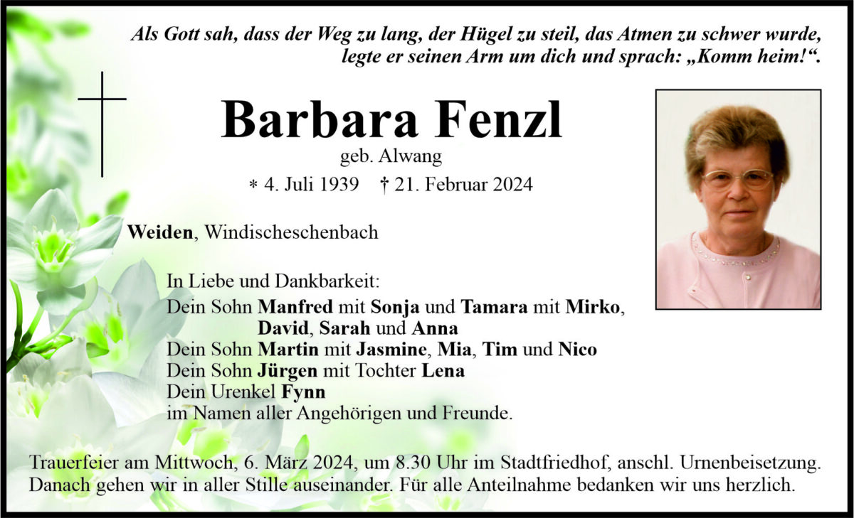Traueranzeige Barbara Fenzl, Weiden